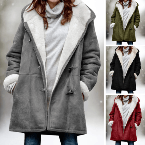 Fiona Women's Hooded Winter Coat with Faux Shearling Collar and Faux Fur Trim