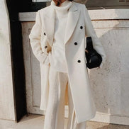 Women's Double-Breasted Long Wool-Blend Winter Coat with Lapel Collar