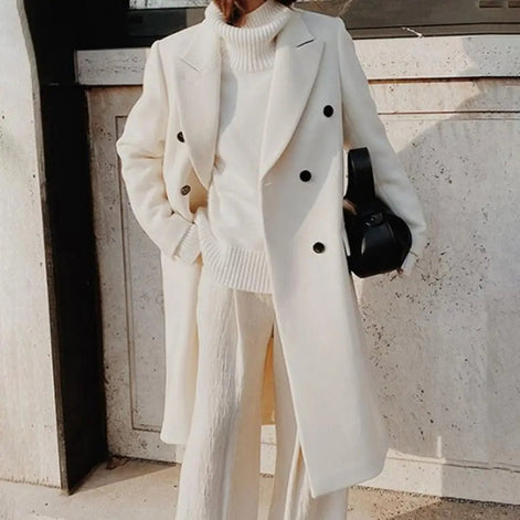 Women's Double-Breasted Long Wool-Blend Winter Coat with Lapel Collar