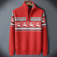 Reindeer Fair Isle Quarter Zip Acrylic Knit Mens Knit Sweater
