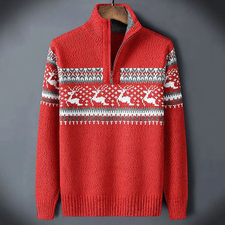 Reindeer Fair Isle Quarter Zip Acrylic Knit Mens Knit Sweater