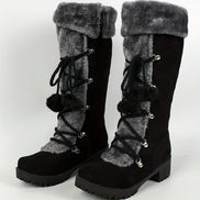 Women's Black Faux Suede Mid-Calf Boots with Faux Fur Trim and Pom-Pom Lace-Up Detail