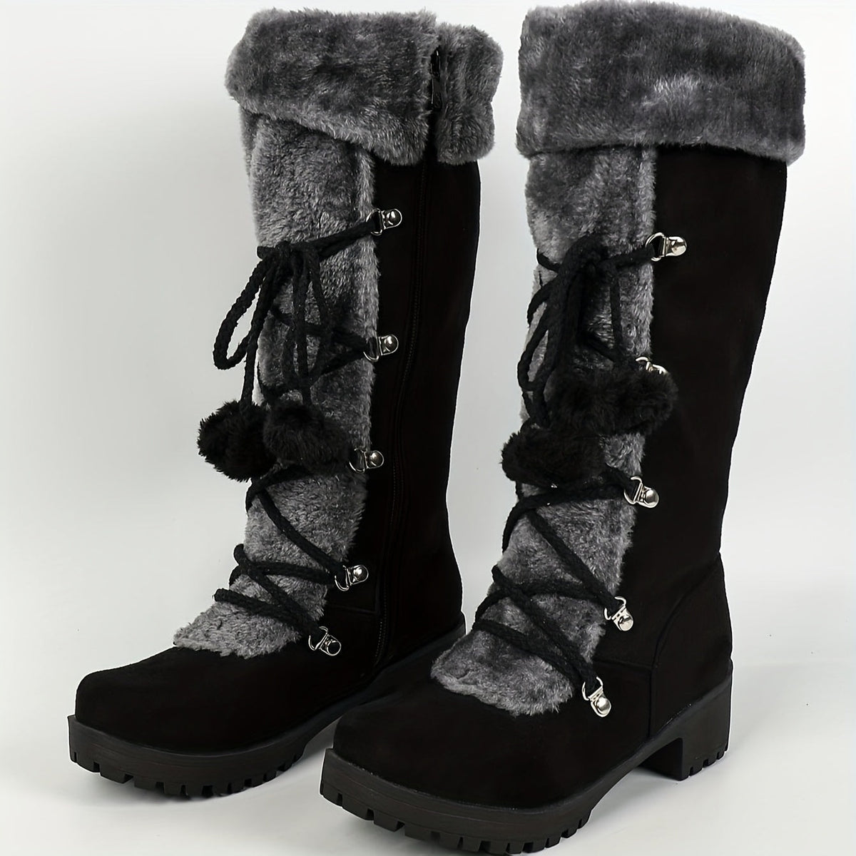 Women's Black Faux Suede Mid-Calf Boots with Faux Fur Trim and Pom-Pom Lace-Up Detail