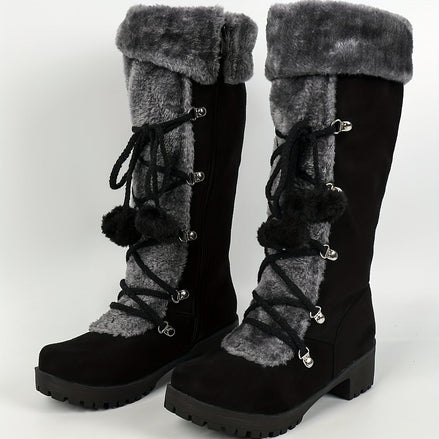 Women's Black Faux Suede Mid-Calf Boots with Faux Fur Trim and Pom-Pom Lace-Up Detail