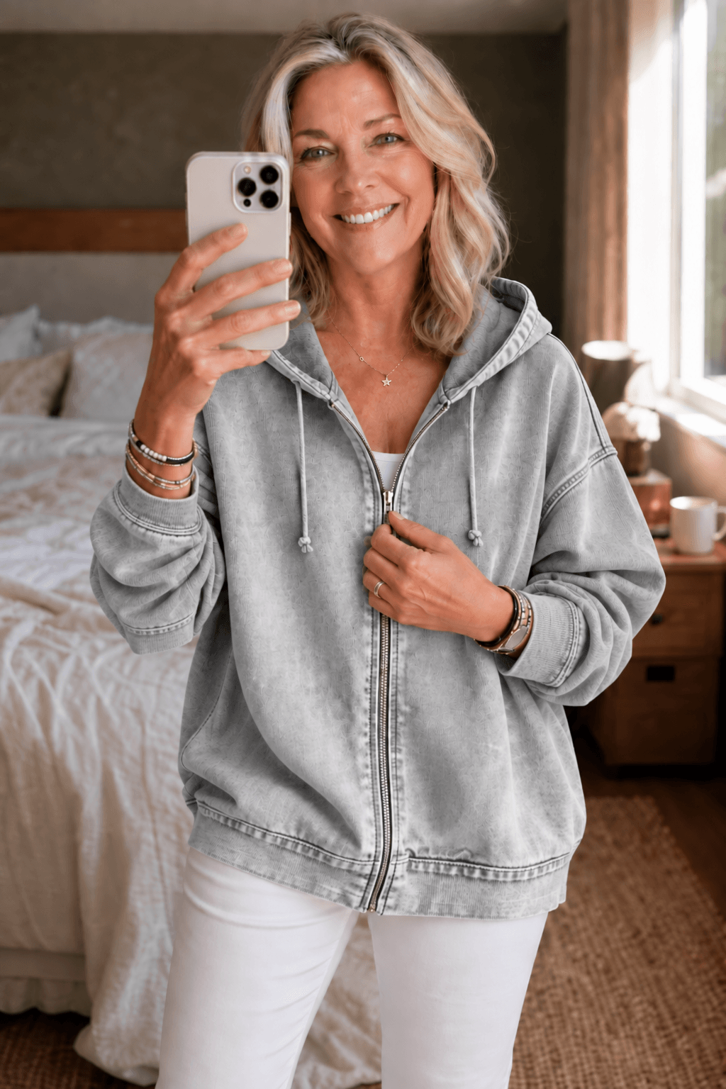Women's Washed Oversized Zip-Up Hoodie with Lined Hood