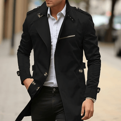 Men's Double-Breasted Long Trench Coat With Epaulette Detail Mens Coats