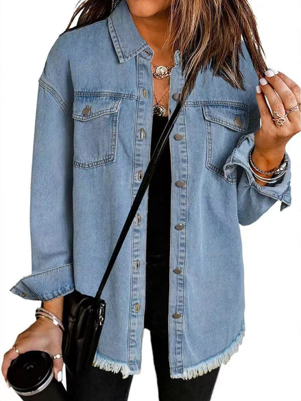 Wilda Women's Oversized Denim Shirt Coat with Frayed Hem