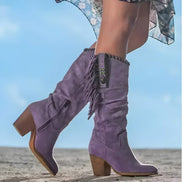 Fringe Detail Suede Brown Boots with Block Heel for Women