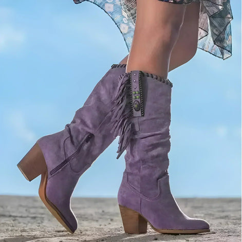 Fringe Detail Suede Brown Boots with Block Heel for Women