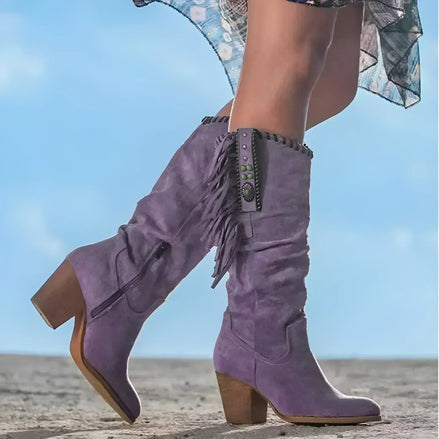 Fringe Detail Suede Brown Boots with Block Heel for Women