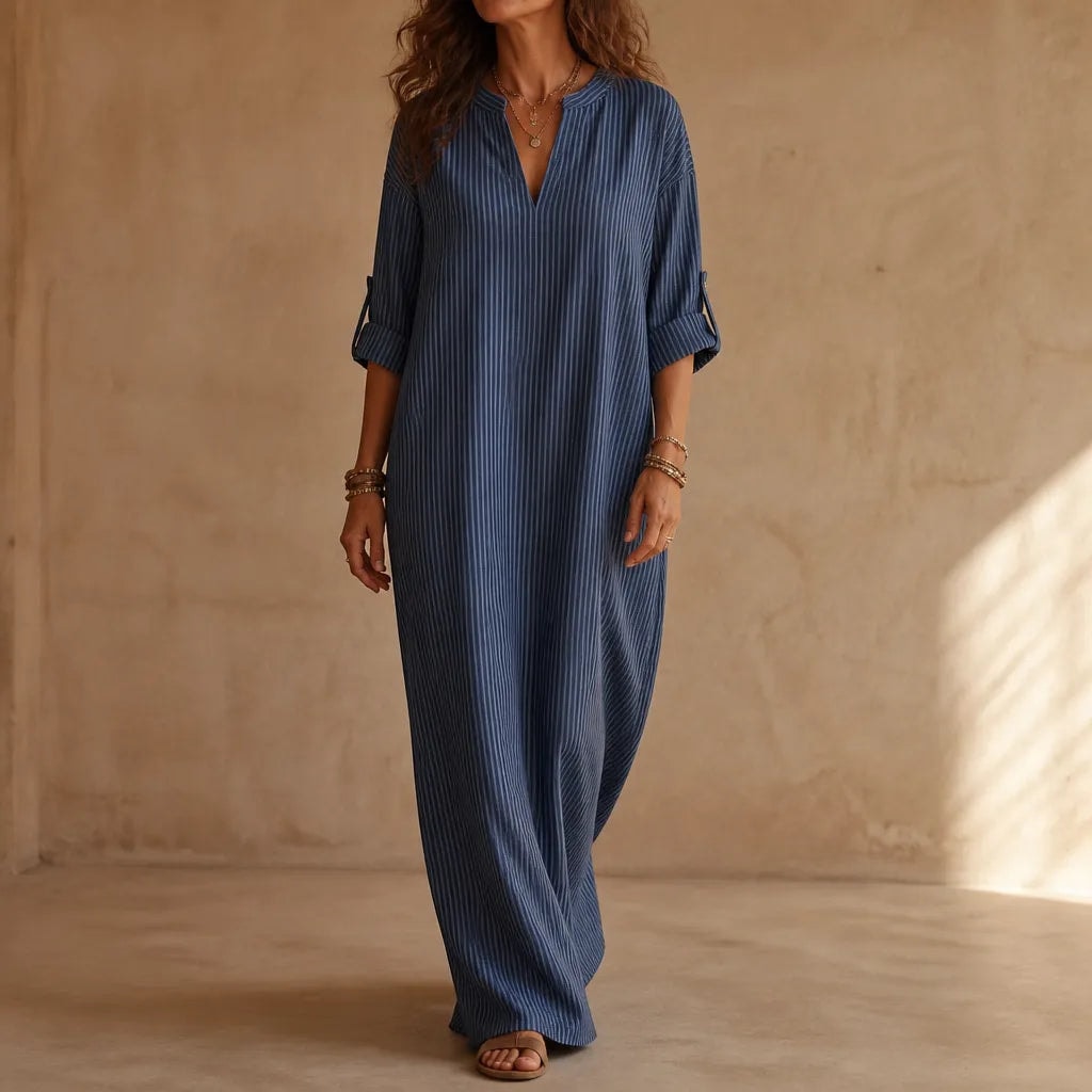 Striped V-Neck Maxi Dress with Pockets and Long Sleeves