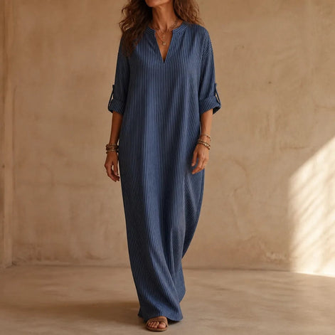 Striped V-Neck Maxi Dress with Pockets and Long Sleeves