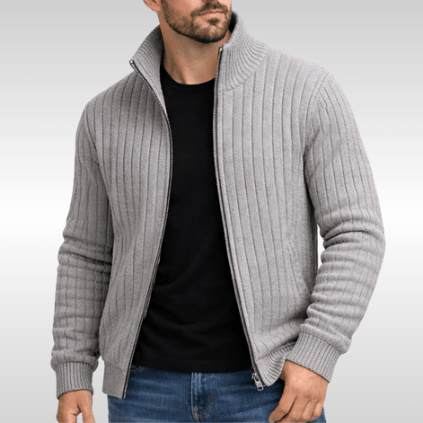 Men's Ribbed Knit Full-Zip Cardigan with Stand Collar