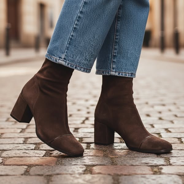 Women's Brown Suede-Style Block Heel Ankle Boots with Square Toe