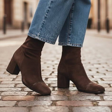 Women's Brown Suede-Style Block Heel Ankle Boots with Square Toe