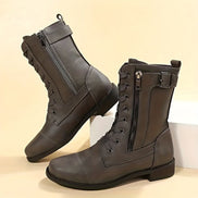 Hazel Faux Leather Combat Boots with Side Zip and Buckle Detail for Women