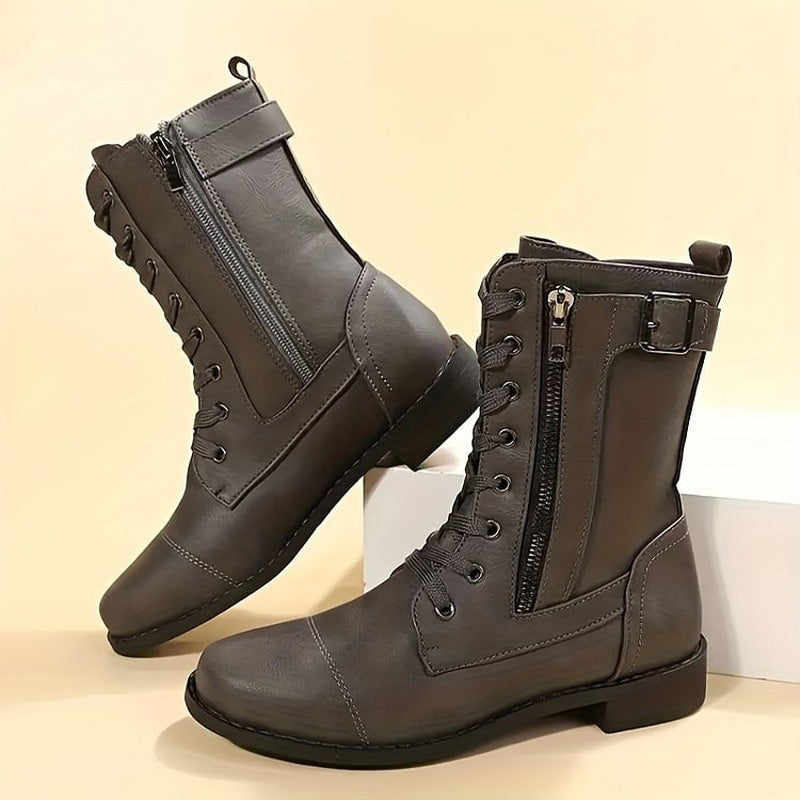 Hazel Faux Leather Combat Boots with Side Zip and Buckle Detail for Women