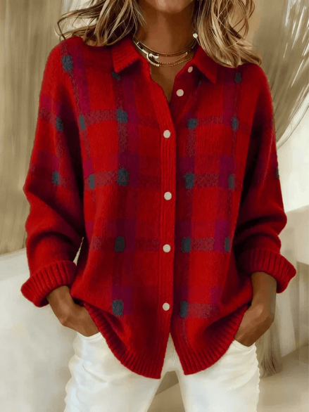 Esmeralda Plaid Cotton Blend Button-Up Blouse with Long Sleeves for Women
