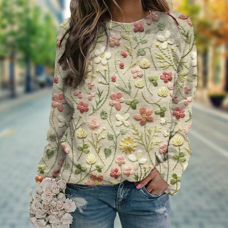 Madeline Floral Knit Crew Neck Long Sleeve Blouse for Women