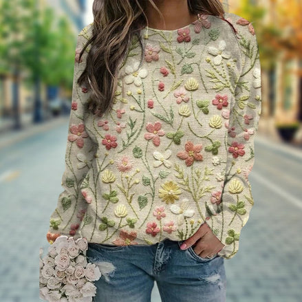 Madeline Floral Knit Crew Neck Long Sleeve Blouse for Women