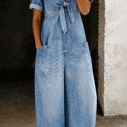 Maya Tie-Front Wide-Leg Denim Jumpsuit with Pockets