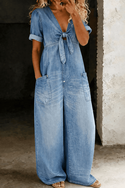 Maya Tie-Front Wide-Leg Denim Jumpsuit with Pockets