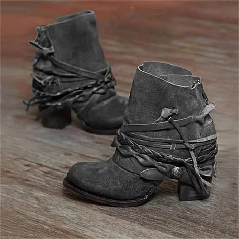 Serena Braided Strap Faux Leather Western Women's Ankle Boots with Block Heel