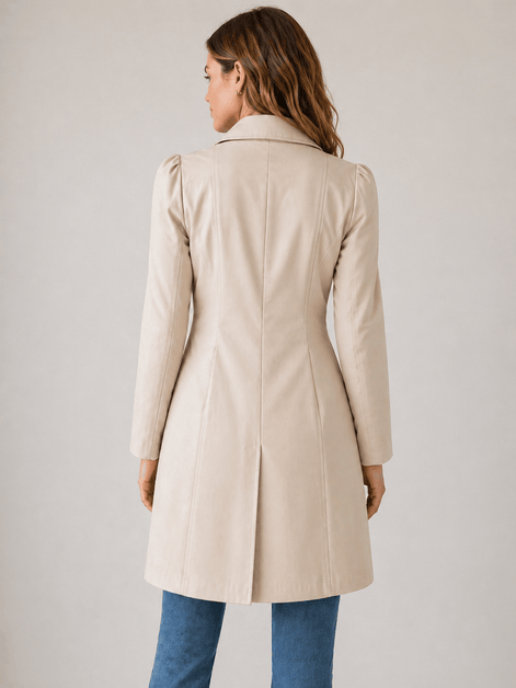 Women's Short Tailored Trench Coat with Button-Up Front and Belted Waist