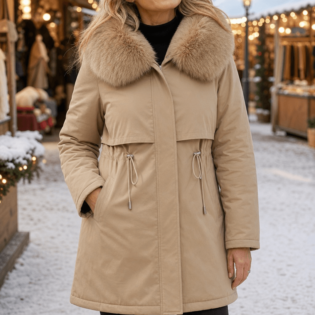 Velora Hooded Mid-Length Faux-Fur Trim Winter Coat for Women