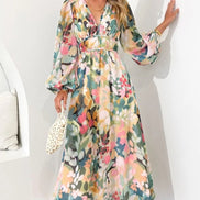 Floral Print Long Sleeve Chiffon Midi Christmas Party Dress for Special Occasions