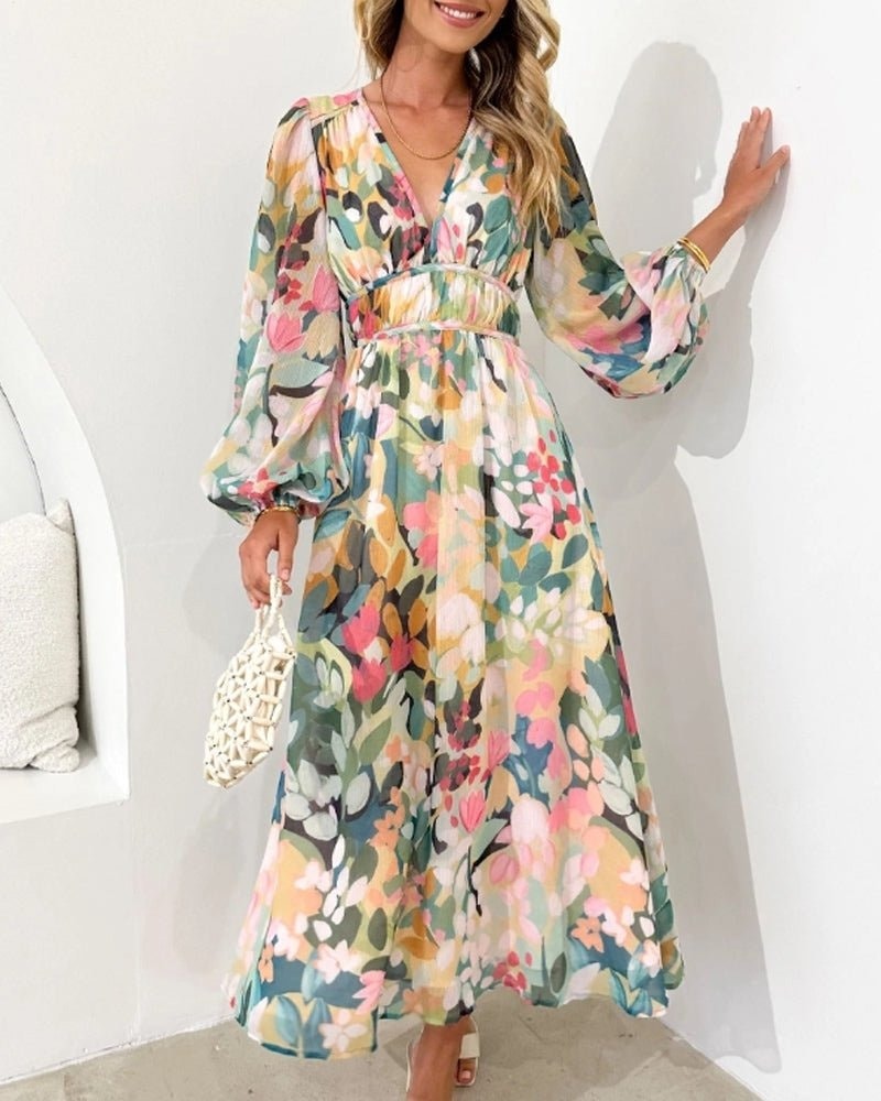 Floral Print Long Sleeve Chiffon Midi Christmas Party Dress for Special Occasions