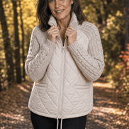 Women's Quilted Puffer Jacket with Knit Panel Trim at Waist and Cuffs