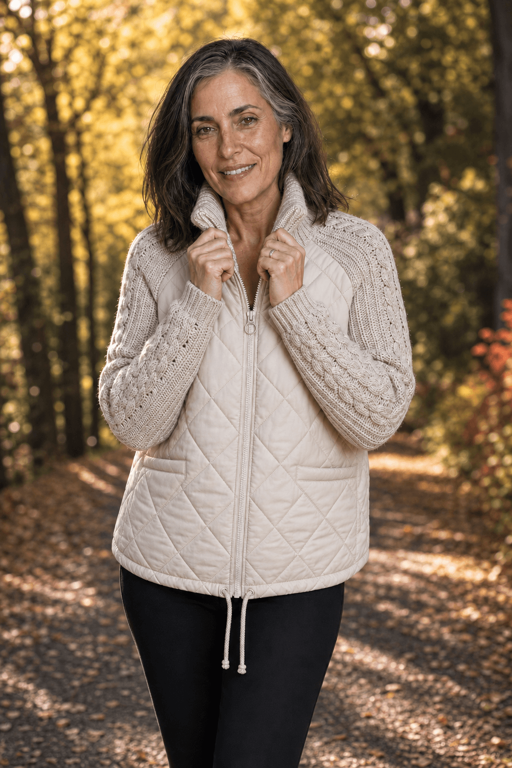 Women's Quilted Puffer Jacket with Knit Panel Trim at Waist and Cuffs