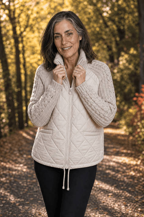 Women's Quilted Puffer Jacket with Knit Panel Trim at Waist and Cuffs