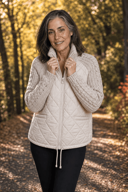 Women's Quilted Puffer Jacket with Knit Panel Trim at Waist and Cuffs