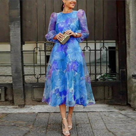 Floral Print Chiffon Midi Dress with Puff Sleeves for Christmas Party
