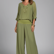Natalie Chiffon Wide-Leg Women's Two-Piece Co-Ord Set with Draped Top