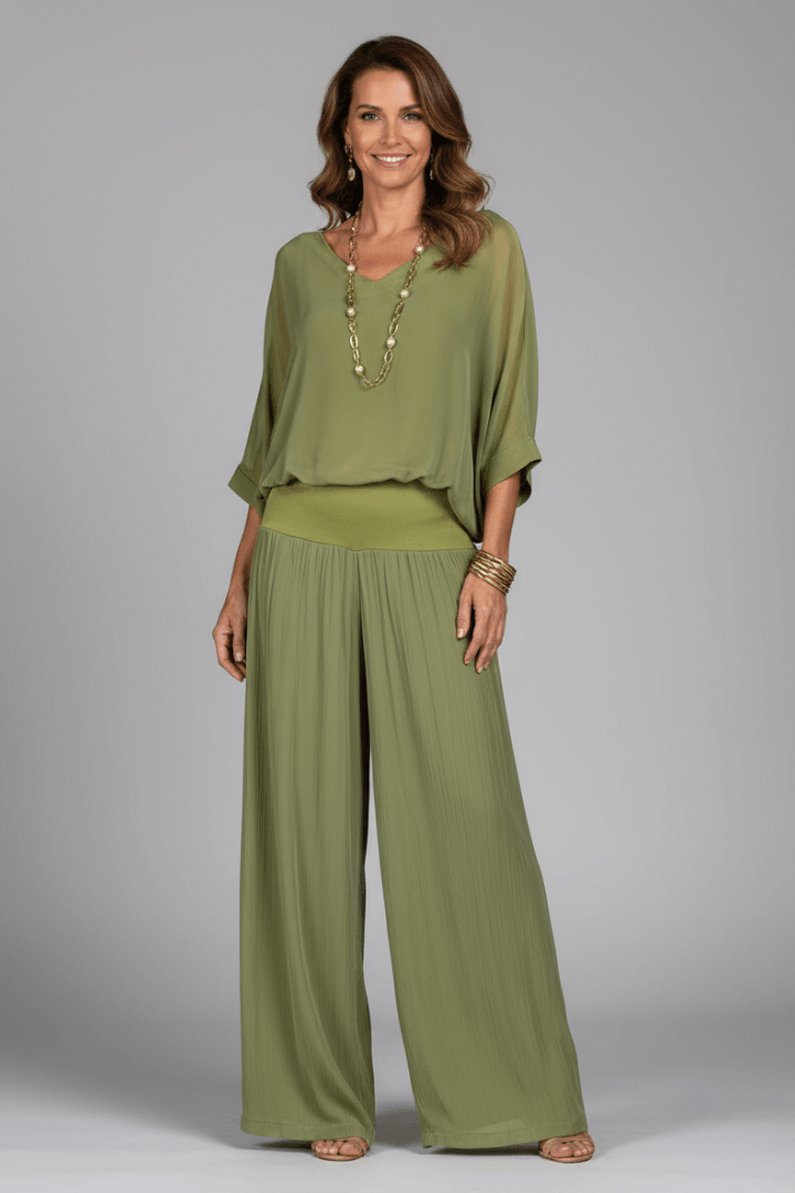 Natalie Chiffon Wide-Leg Women's Two-Piece Co-Ord Set with Draped Top