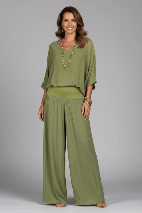 Natalie Chiffon Wide-Leg Women's Two-Piece Co-Ord Set with Draped Top