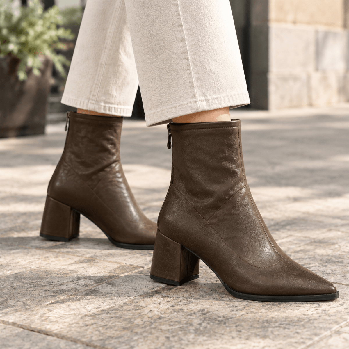 Aldobrandi Women's Pointed-Toe Ankle Boots with Block Heel in Faux Leather