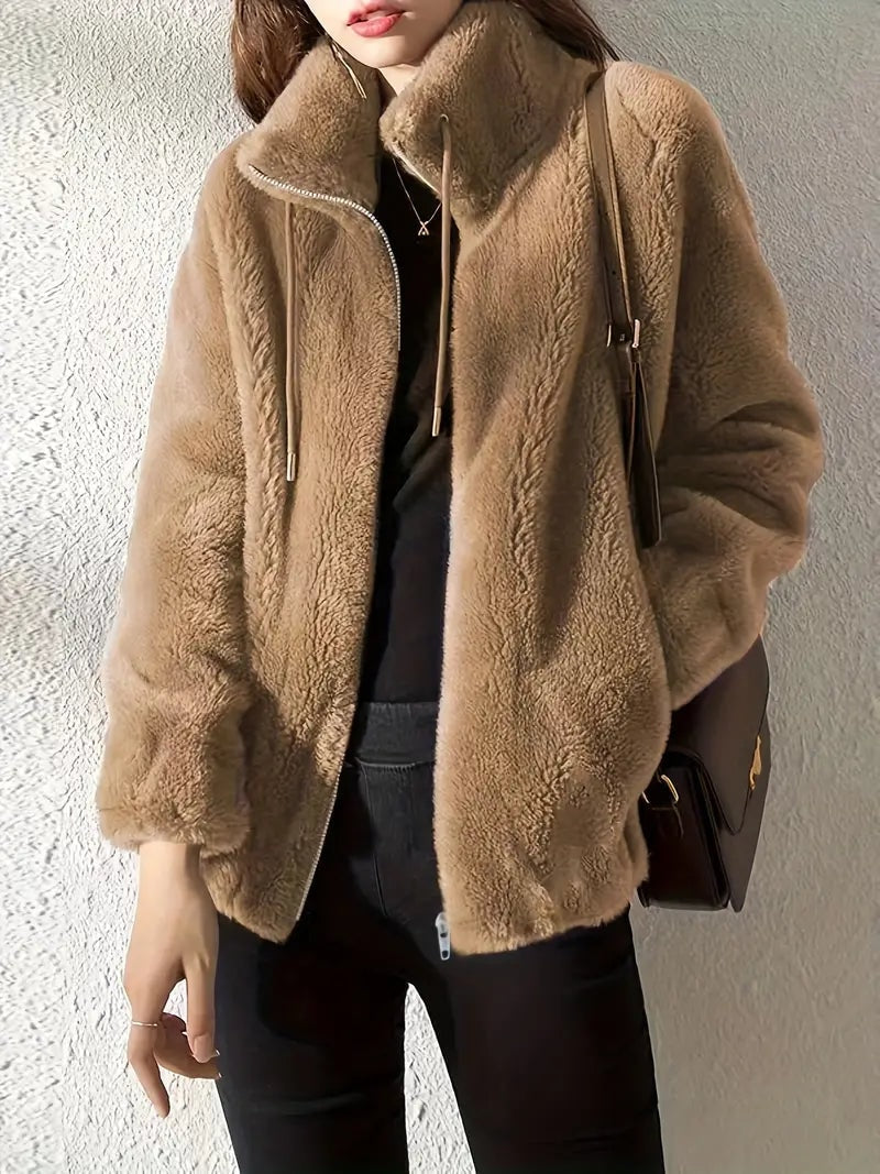 Phoebe Faux Fur Zip-Up Winter Coat with Stand Collar for Women