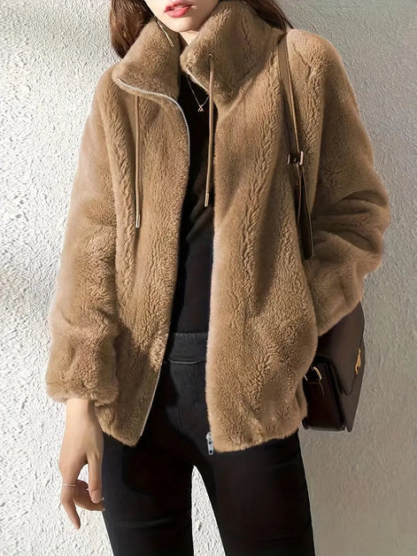 Phoebe Faux Fur Zip-Up Winter Coat with Stand Collar for Women