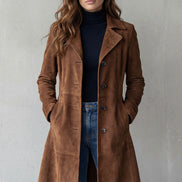 Women's Suede-Finish Longline Tailored Winter Coat with Notched Collar