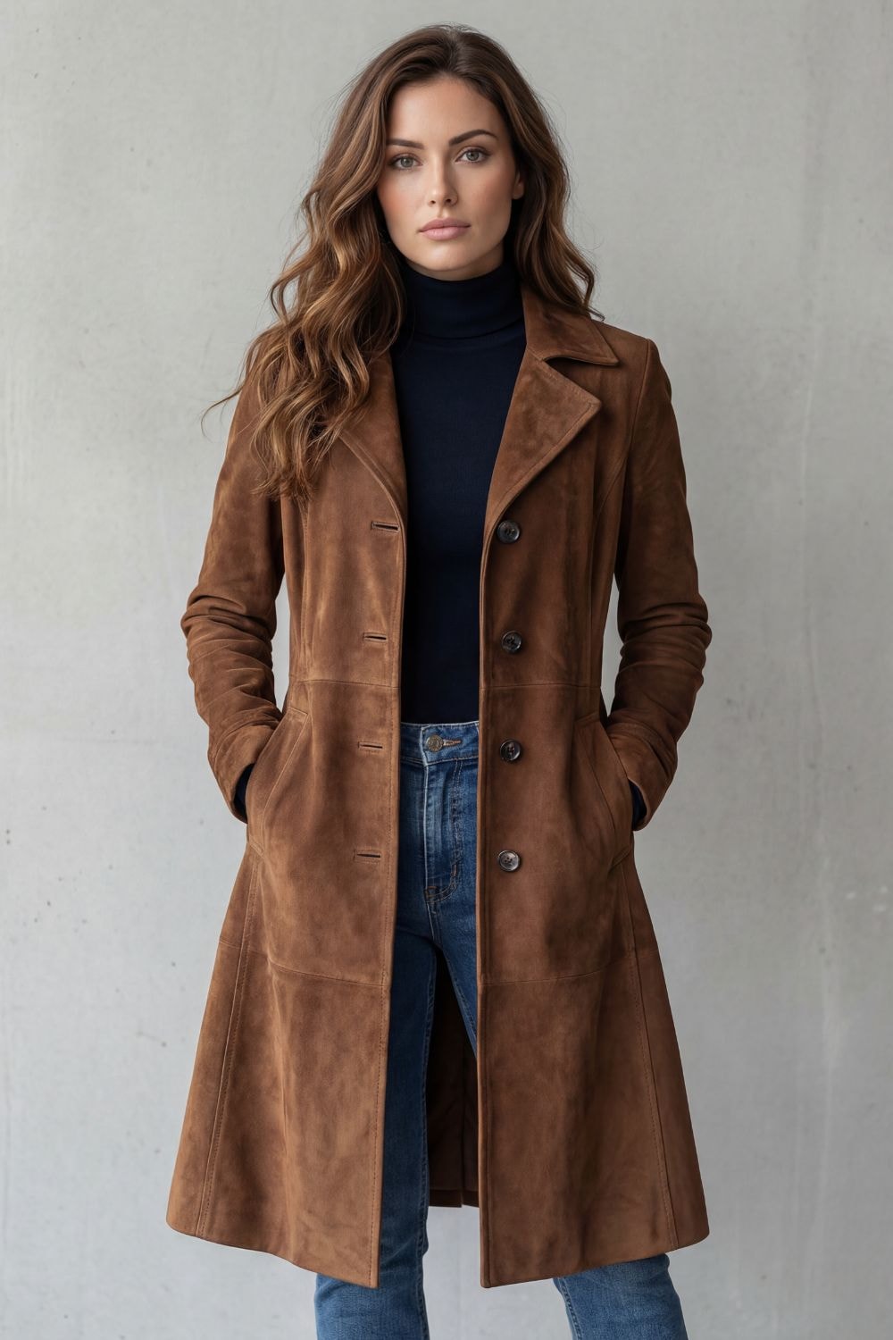 Women's Suede-Finish Longline Tailored Winter Coat with Notched Collar