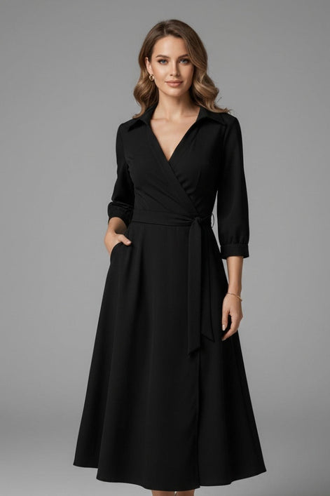 Long Sleeve Wrap Midi Dress in Polyester Blend for Christmas Party Occasions