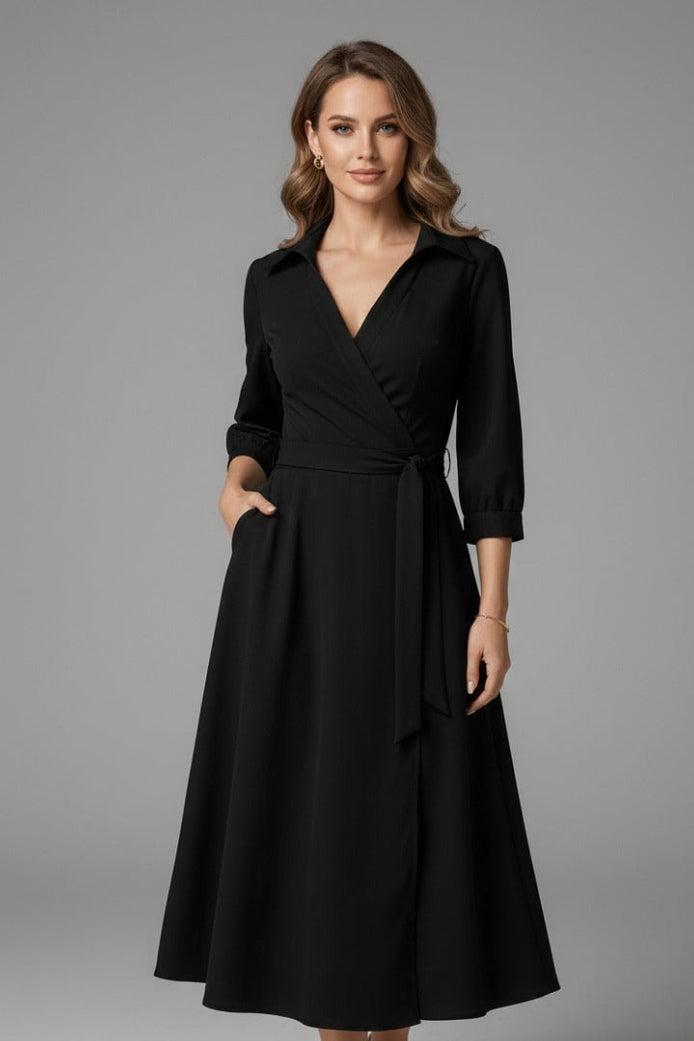 Long Sleeve Wrap Midi Dress in Polyester Blend for Christmas Party Occasions