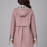 Women's Hooded Longline Jacket with Check Trim for Rainy Weather