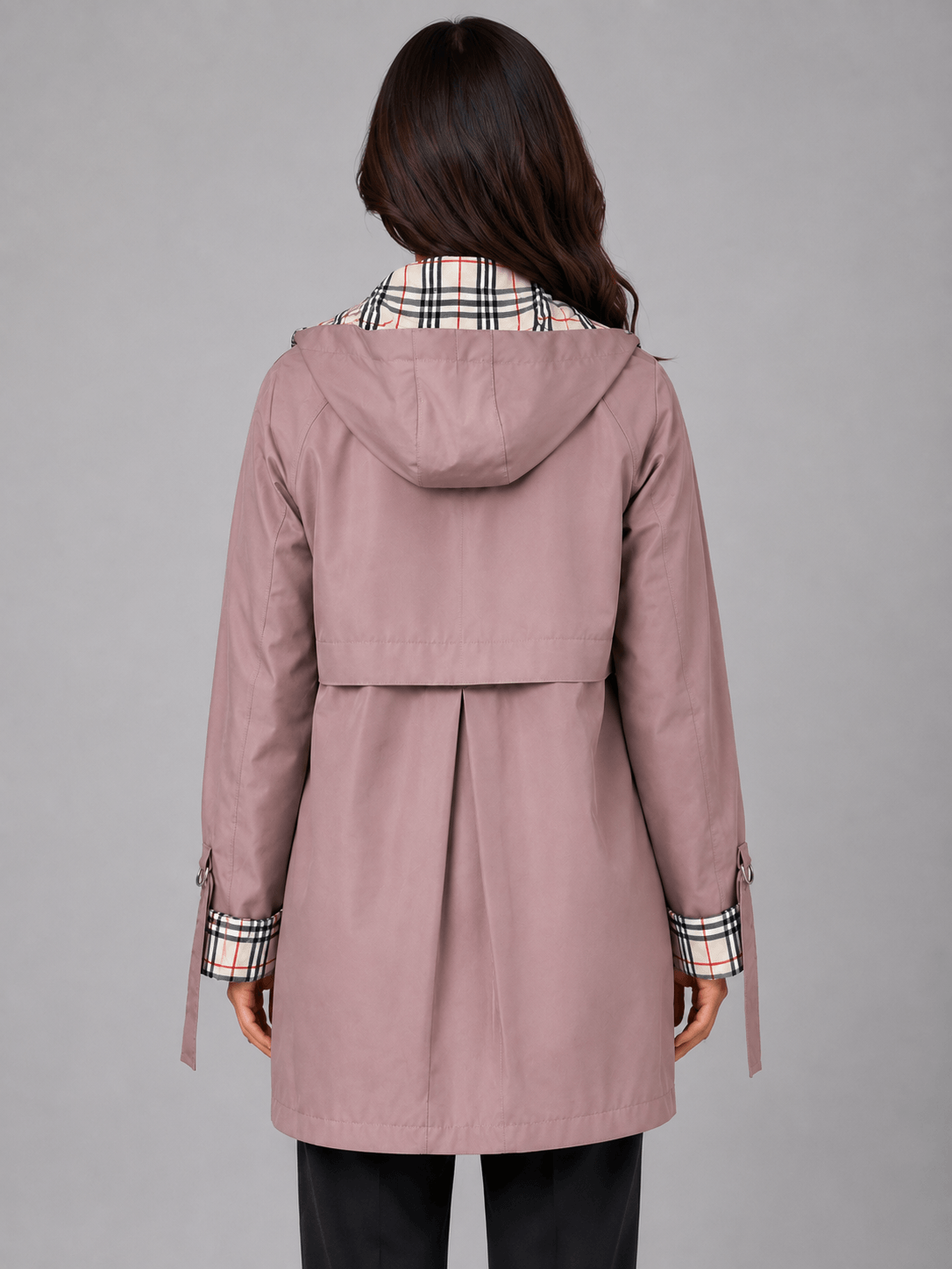 Women's Hooded Longline Jacket with Check Trim for Rainy Weather