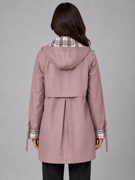 Women's Hooded Longline Jacket with Check Trim for Rainy Weather