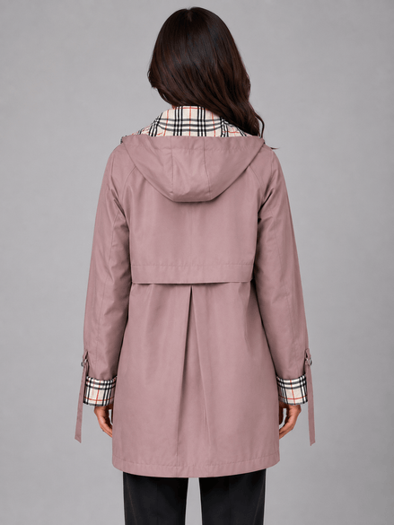 Women's Hooded Longline Jacket with Check Trim for Rainy Weather